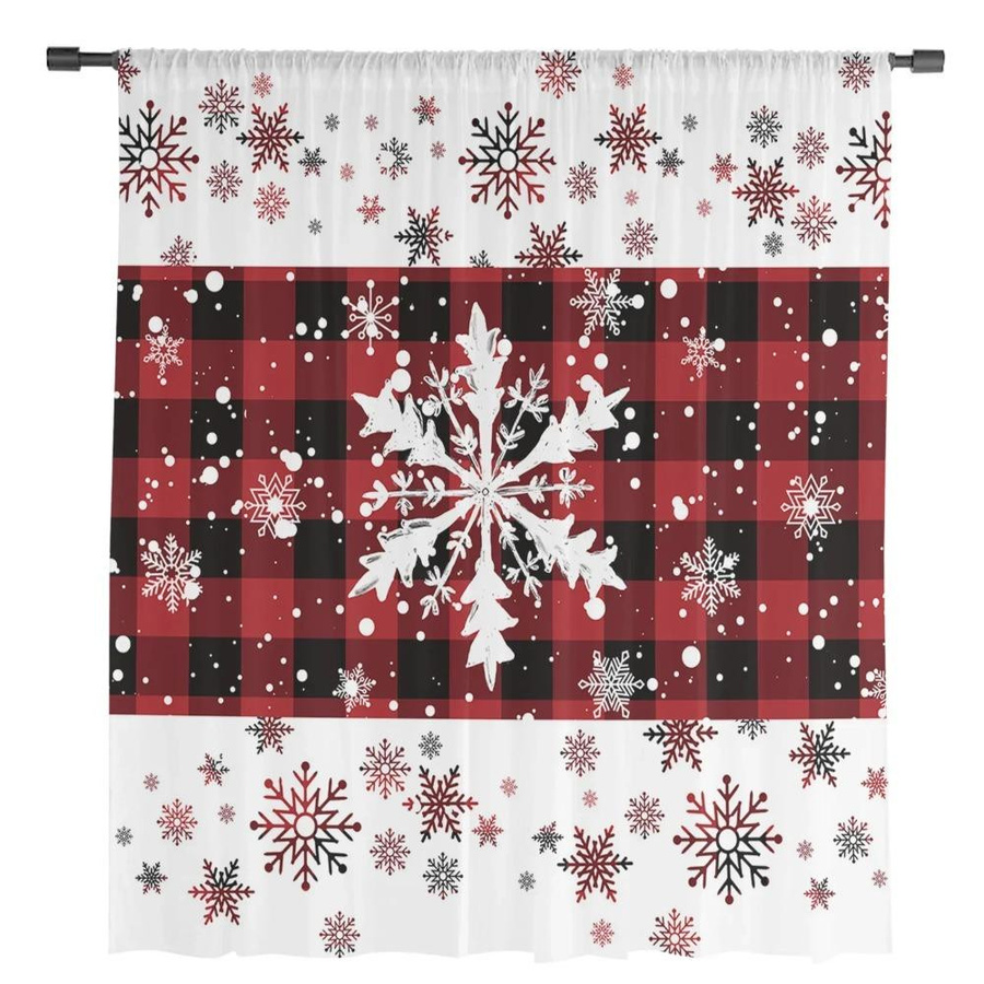 Yiran Furniture Weihnachtsvorhang mit Schneeflocken-Plaid-Garn, transparenter Tüll-Voile-Vorhang für Wohnzimmer und Küche, B: 135 cm, H: 115 cm - Bild 1
