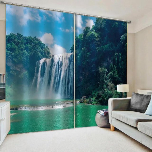 2er-Set Vorhänge mit 3D Tropischer Wald Naturlandschaft Digitaldruck in Grün, halbtransparent, Polyester, Breite: 100 cm, Höhe: 160 cm - Bild 1