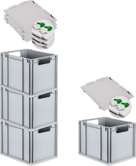 PROREGAL Spar Set 4x Eurobox Nextgen Economy mit Scharnierdeckel und grünen Schiebeschnappverschlüssen, Grau, H: 32 cm, B: 30 cm, T: 40 cm - Bild 1