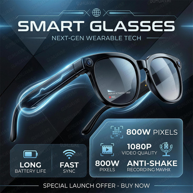 GUHUAVMI Smarte KI-Brille mit 1080P HD-Kamera, Bluetooth 5.4 und IP65 Wasserdichtigkeit in Schwarz - Bild 1