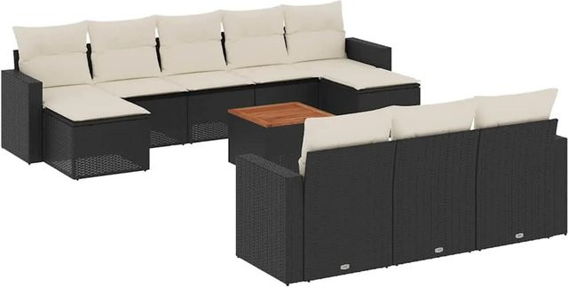 vidaXL 11-teilige Garten-Sofagarnitur aus Poly-Rattan und Akazienholz in Schwarz-Creme mit Kissen - Bild 1