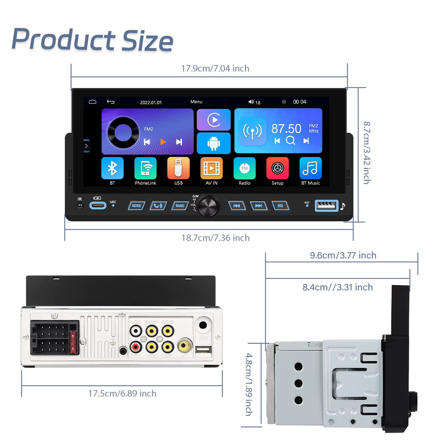 Podofo 1DIN Auto-Multimediaplayer mit 6,86 Zoll Display, kabellosem CarPlay, Android Auto, Mirror Link, Bluetooth, USB und Rückfahrkamera in Schwarz - Bild 6