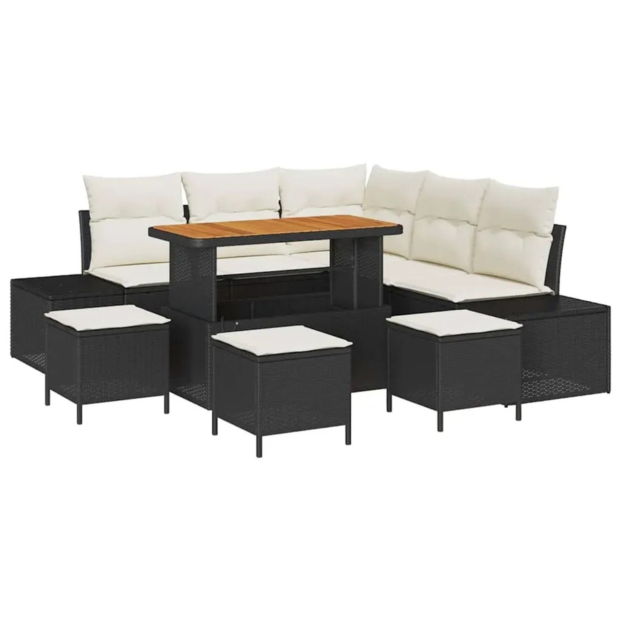 vidaXL Garten-Sofa-Set 9-teilig in Schwarz und Beige mit Kissen, L-Form aus Poly-Rattan und Metallrahmen für Garten, Balkon und Terrasse - Bild 2