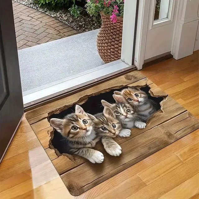 VIKAMA 3D Katzen-Fußmatte mit Holzkatzenloch-Design in Braun, rutschfest, rechteckig - Bild 1