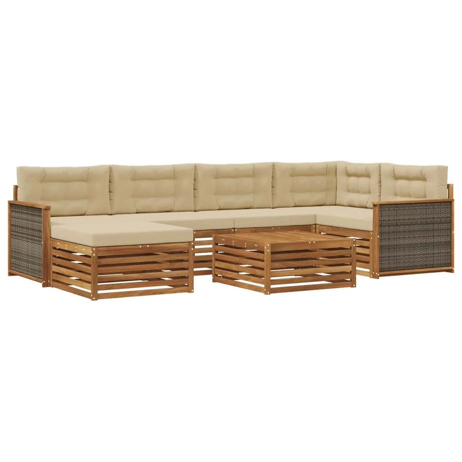 vidaXL Outdoor-Sofagarnitur L-Form aus Akazienholz mit 7 Kissen in Natur und Beige - Bild 2