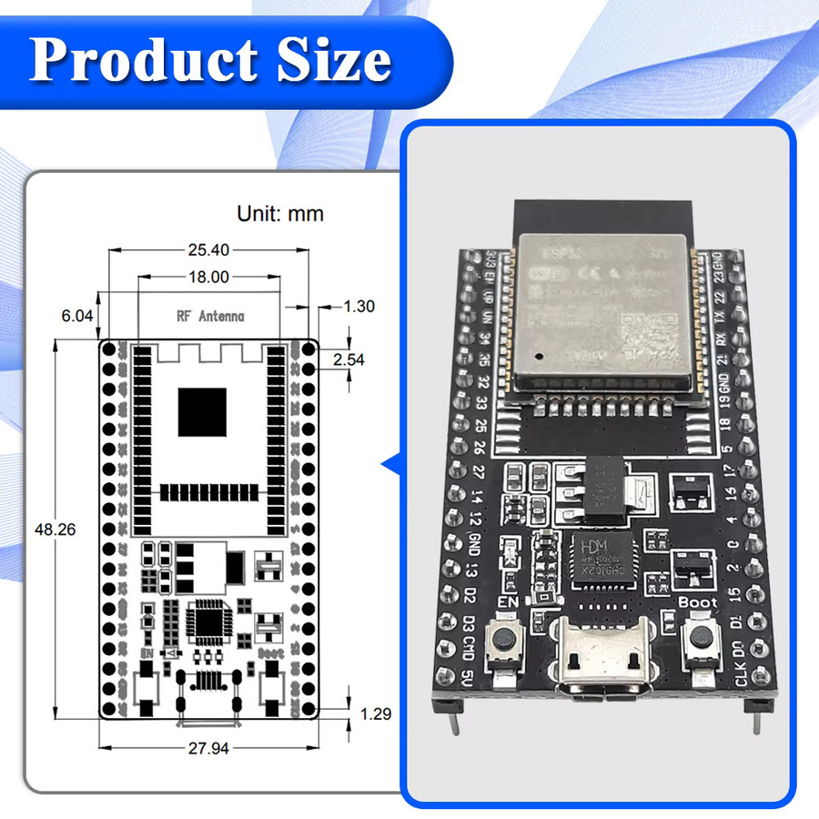 ESP32-32D Entwicklungsboard Kit mit GPIO-Erweiterungsboard, BT WLAN-Modul, USB Typ-C und CP2102, Schwarz - Bild 3