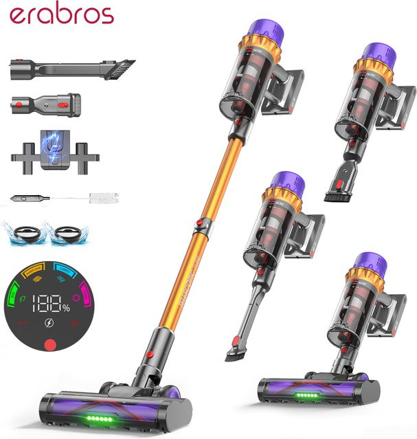 Erabros EV5 Akku-Staubsauger mit 70kPa Saugkraft, 550W Leistung, 80 Minuten Laufzeit, 4 Modi und Smart Display, Beutellos, Multicolour - Bild 1
