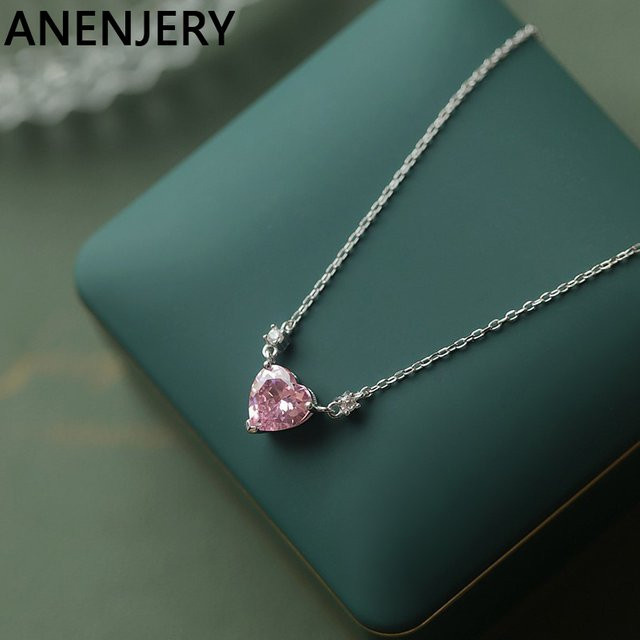 ANENJERY Halskette, Rosa Zirkonia, Herz, Silber, Roségold, Damen - Bild 1