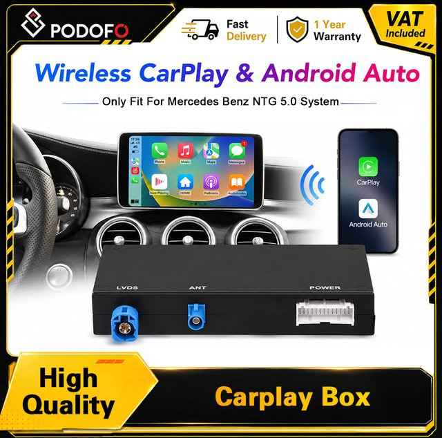 Podofo Carplay Decoder Box für Mercedes Benz C W205 und GLC X253 NTG5.0 NTG5.1 NTG5.2 Schnittstellenmodul für drahtloses und kabelgebundenes CarPlay und Android Auto in Schwarz - Bild 1