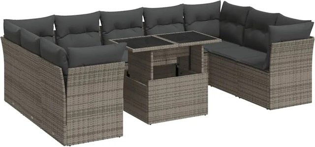 vidaXL 10-teilige Garten-Sofagarnitur in Grau aus Poly-Rattan mit L-Form, Sitzkissen und Tisch mit Stauraum - Bild 1