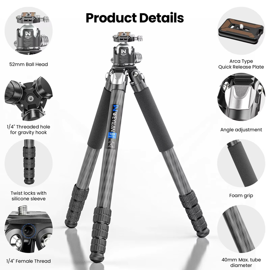 WEYLLAN GX9 Professionelles Hochleistungs-Kamerastativ mit 40 mm Beinrohr und einer maximalen Belastbarkeit von 30 kg für die Vogelbeobachtung - Bild 4