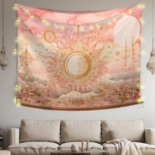 VIKAMA Wandteppich mit Sonnengott-Motiv in Roségold und Pink, Boho Wandbehang mit Mond, Sternen und Wolken für dein Schlafzimmer oder Wohnzimmer - Bild 1