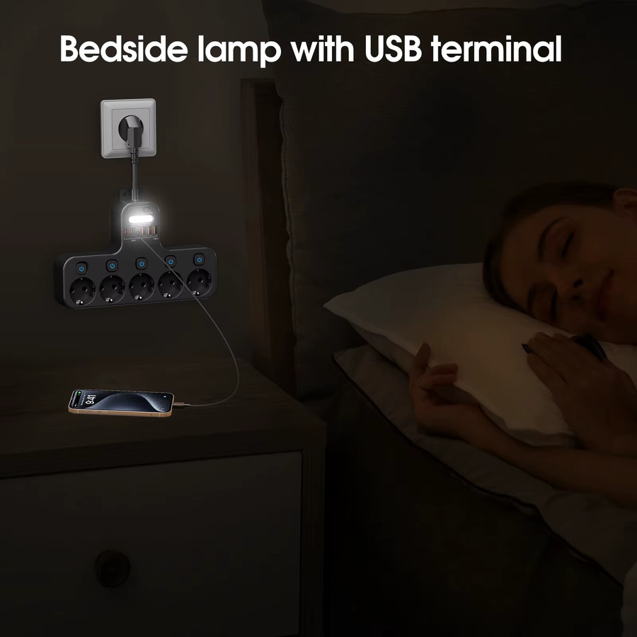 DODOYESANA Multifunktionales EU Verlängerungskabel mit Nachtlicht und 6 USB-Anschlüssen (3x USB-C), 4000 W, Schwarz - Bild 2