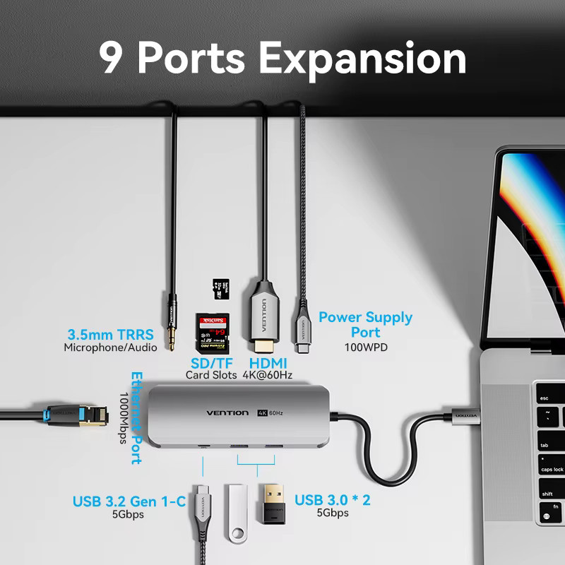 Vention 9-in-1 USB-C Dockingstation mit HDMI 4K UHD, RJ45, PD 100W, SD/TF und 3,5 mm Klinke für MacBook Pro, Xiaomi und Samsung - Bild 2