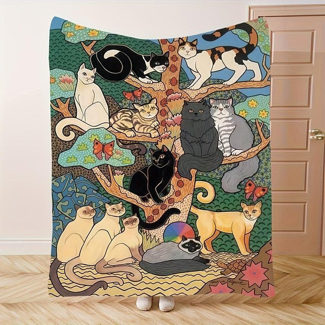 JMG Household Supplies Flanell-Druckdecke mit Cartoon-Katzen und lebendigem Baum-Motiv, Mehrfarbig, B: 100 cm, T: 130 cm - Bild 1