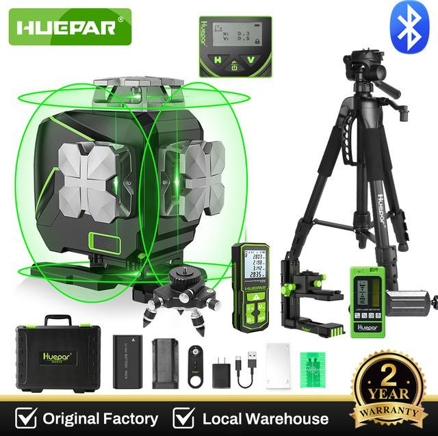 Huepar 4D 16-Linien-Laser-Nivelliergerät mit grünem Strahl, selbstnivellierend, 4 x 360 Grad Cross Line, LCD-Bildschirm und Bluetooth-Fernbedienung, Schwarz-Grün - Bild 1