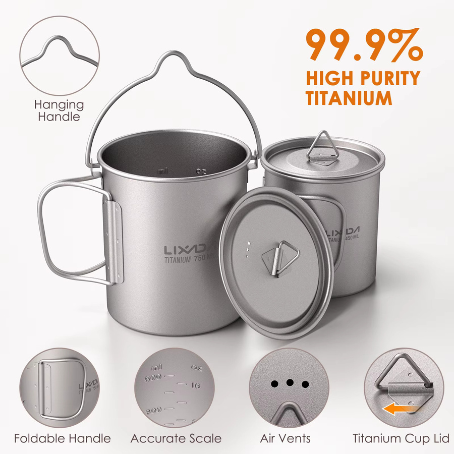 Lixada Titan Outdoor-Camping Geschirr-Set in Silber mit 750 ml Topf und 350 ml Becher inklusive Deckel, zusammenklappbarem Griff und Spork - Bild 1