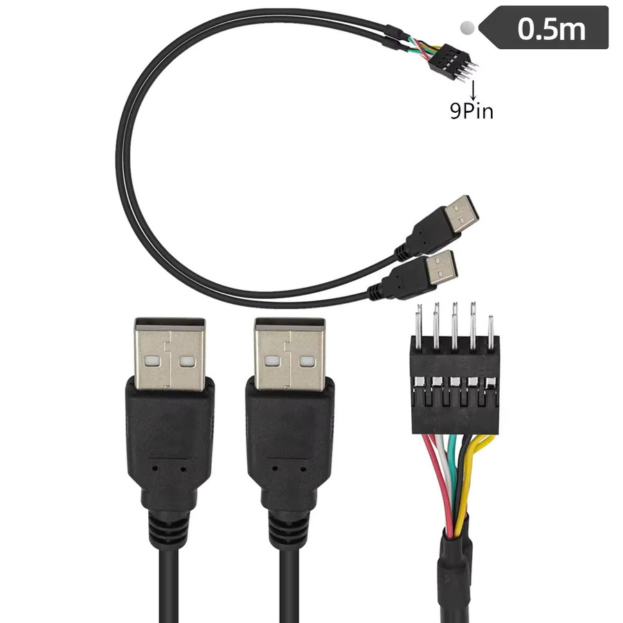 BSN USB 2.0 Dual Typ A auf 9-Pin Dupont 2,54mm Verlängerungskabel für PC DIY, Schwarz, Länge: 50 cm - Bild 2
