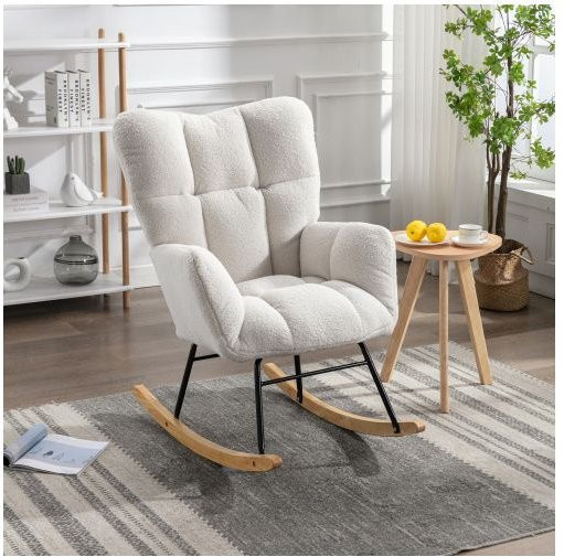 Schaukelstuhl MUVOE in Weiß mit Teddybär-Bouclé-Stoff und modernem Design - Bild 1