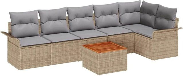 vidaXL 7-teiliges Garten-Sofa-Set aus Akazie und Polyrattan in Beige-Grau mit Kissen und Stauraum - Bild 1