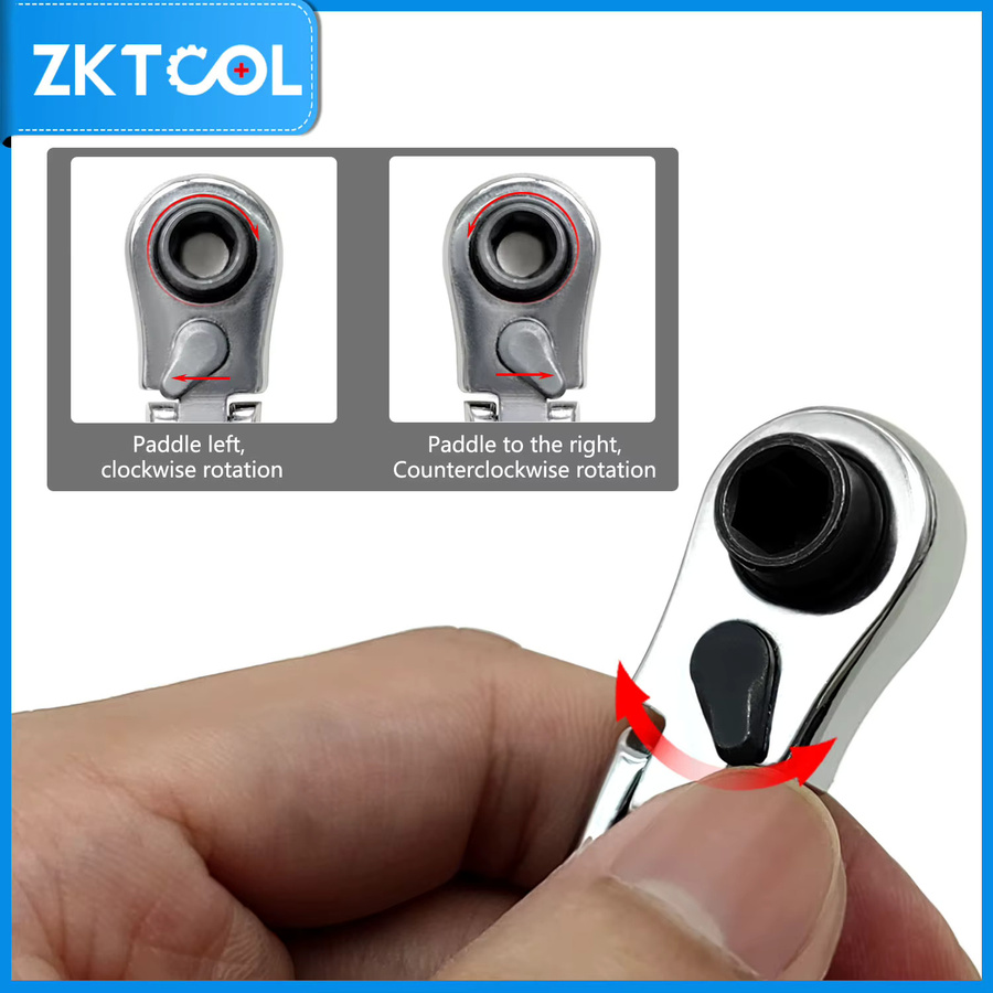 ZKTOOL Steckschlüssel mit Ratschengriff, 1/4 Zoll Antrieb, 72 Zähne, flexibler Kopf, kurz, flach/rund, Farbe: Silber - Bild 3