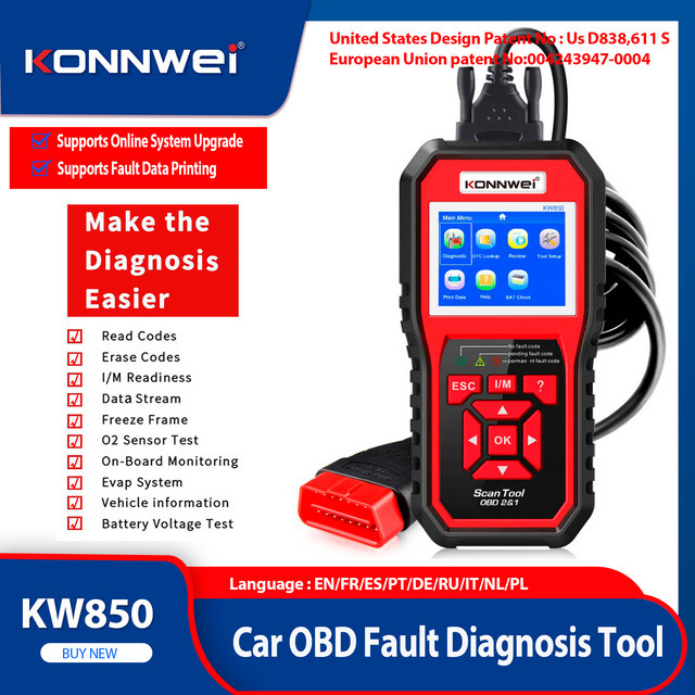KONNWEI KW850 Auto OBD2 Scanner Professionelles Diagnosegerät für O2-Motorsystem-Check und DTC-Lookup in Rot-Schwarz - Bild 1