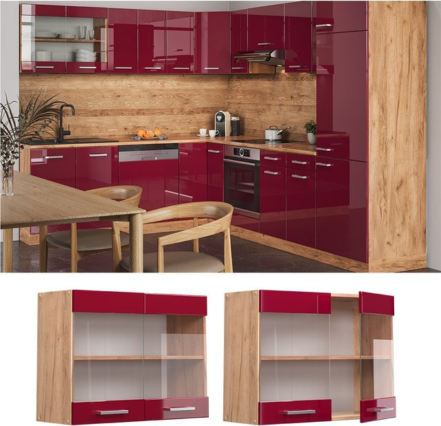 Vicco R-Line Hängeglasschrank für die Küche in Bordeaux mit Goldakzenten, Breite: 80 cm, Höhe: 60 cm, Tiefe: 31 cm - Bild 1