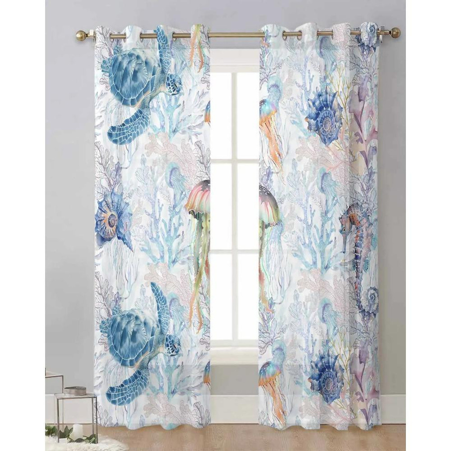 Yiran Furniture Tüll-Voile-Vorhang mit Meeresorganismen Design, transparent, mehrfarbig, B: 135 cm, H: 115 cm - Bild 1