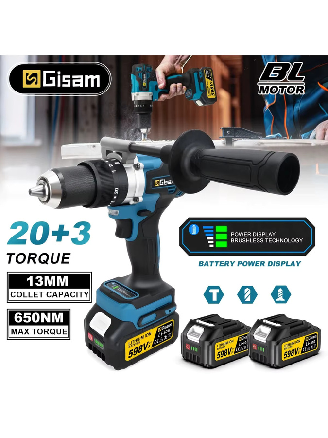 Gisam Elektrischer Schlagbohrer 650NM mit 13mm Bohrfutter, Bürstenloser Akku-Schlaghammerbohrer für Makita 18V LXT, Blau - Bild 7