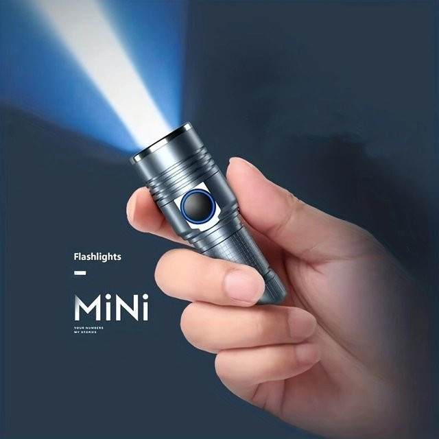 Alonefire Zoom Mini Hochleistungs-Taschenlampe aus Aluminium, USB wiederaufladbar, Farbe: Silber - Bild 1