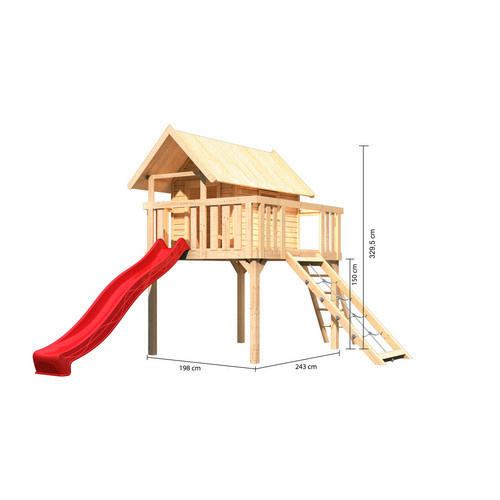 Karibu Stelzenhaus Fidel Set in Natur mit roter Wellenrutsche und Netzrampe, Spielturm B/H/T: 198 x 329,5 x 243 cm, Farbe: Natur/Braun - Bild 3