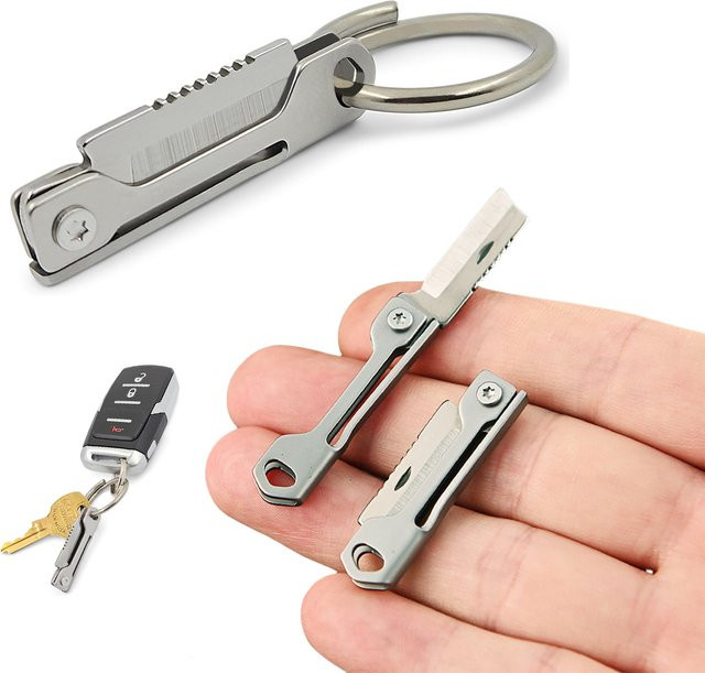 Mini-Mehrzweck-Taschenklappmesser aus Edelstahl in Silber mit quadratischem Kopf als Schlüsselanhänger für EDC und Outdoor-Einsätze - Bild 1