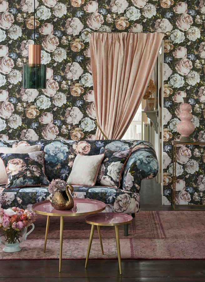 Clarke & Clarke Tapete Floretta Botanical Floral in Pink und Anthrazit - Bild 1