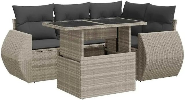 vidaXL 6-teilige Garten-Sofagarnitur in L-Form mit Kissen und Couchtisch, Hellgrau, Poly-Rattan und Metallrahmen - Bild 1