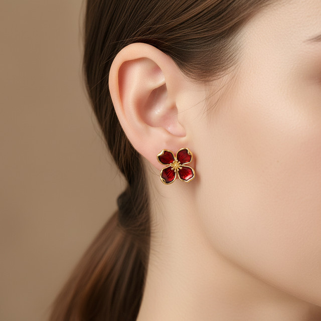 Kovonchy Ohrstecker, Blumen, Rot-Blaue Emaille, 18K Vergoldet, Damen - Bild 1