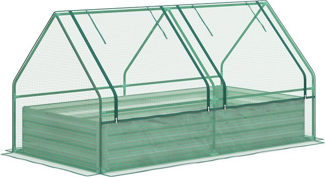 Outsunny Hochbeet mit Mini-Gewächshaus aus verzinktem Stahl für Stadtgarten und Terrasse, Grau und Grün, B/T/H: 185 x 95 x 92 cm - Bild 1