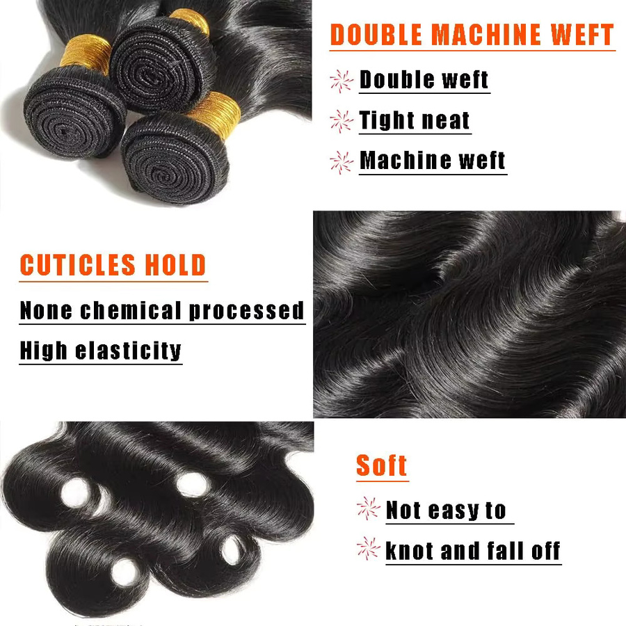 QZOQZO Body Wave Echthaar-Bündel, Natur Schwarz, 3 Stück, Unbehandeltes Jungfrauenhaar - Bild 4