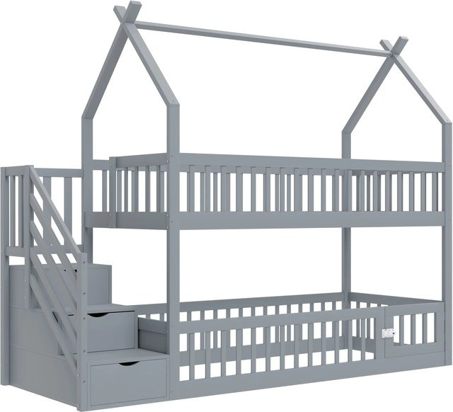 Merax Kinderhochbett aus Massivholz mit Hausdach, Treppe und Schubladen, Grau/Weiß, B/T/H: 200 x 90 x 120 cm - Bild 1