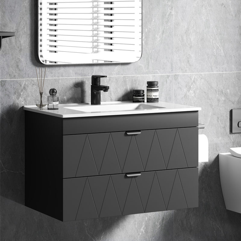 Aosom Waschbeckenunterschrank mit Keramikwaschbecken, Hängender Badunterschrank in Schwarz mit 2 Soft-Close-Schubladen, B/T/H: 76 x 46 x 50 cm - Bild 2