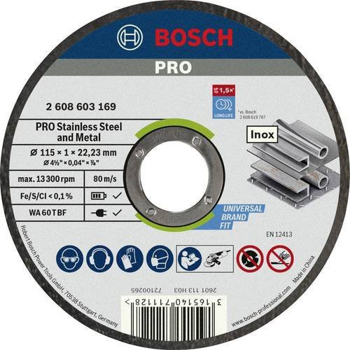 Bosch Trennscheibe gerade WA 60 T BF für Stahl und Edelstahl, Durchmesser: 115 mm, Bohrung: 22,23 mm, Farbe: Grau - Bild 1