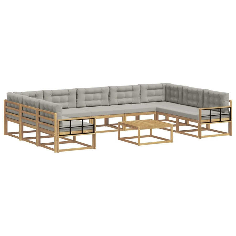 vidaXL Outdoor-Sofagarnitur in U-Form aus Akazienholz mit 10 Kissen in Weiß und Hellgrau - Bild 2