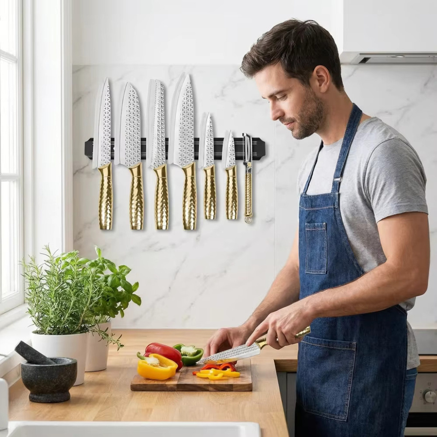 XIAOTIANLAI 5/6/7-teiliges Edelstahl-Küchenmesserset mit goldenem Griff, professionelles Kochmesser-Set inklusive Santoku- und Schälmesser - Bild 2