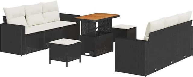 vidaXL Garten-Sofa-Set 9-teilig aus Poly-Rattan und Akazienholz in Schwarz-Creme - Bild 1