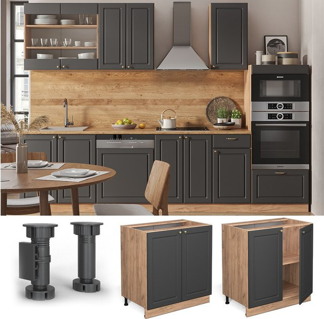 Vicco Spülenunterschrank Fame-Line Landhaus Eiche Anthrazit-Gold B: 80 cm, H: 82 cm, T: 51,6 cm mit Softclose-Scharnieren und Einlegeboden - Bild 1