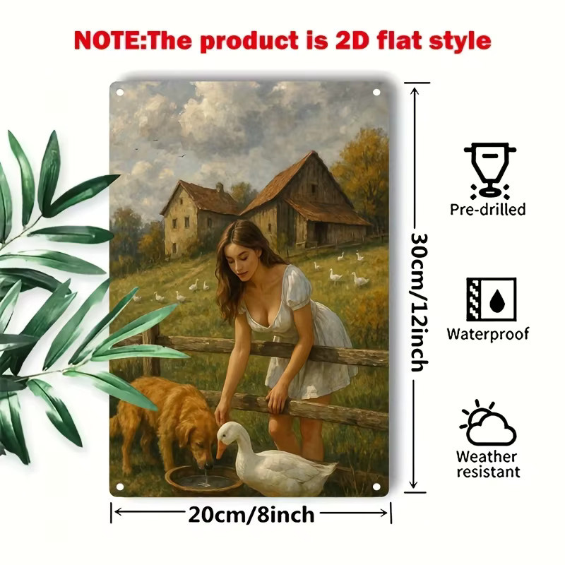HELLOYOUNG Vintage-Wandschild aus Metall in Mehrfarbig mit Bauernhaus-Motiv, Mädchen und Hund, Rechteckiges Landhaus-Dekor aus Eisen, B/H: 30 x 20 cm - Bild 3