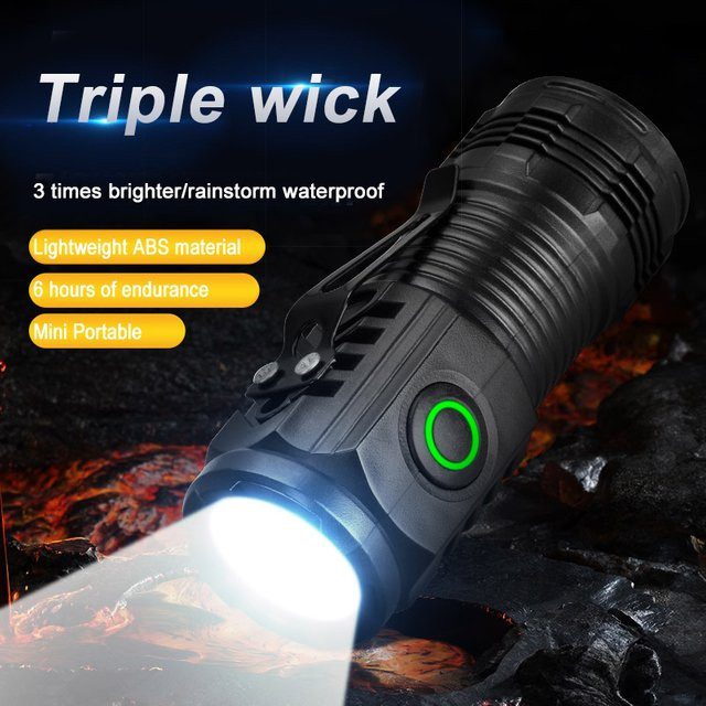 ESMARTER Ultrahelle Mini-Taschenlampe mit 3 LEDs, USB wiederaufladbar, wasserdicht, Schwarz mit Clip für Outdoor, Wandern und Camping - Bild 1