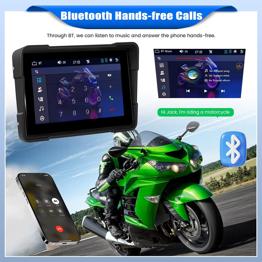 JMCQ Motorrad DashCam mit GPS Navigation, Wireless CarPlay und Android Auto, wasserdichte Dual-Lenk Kamera mit Bluetooth und Touchscreen, Schwarz - Bild 5