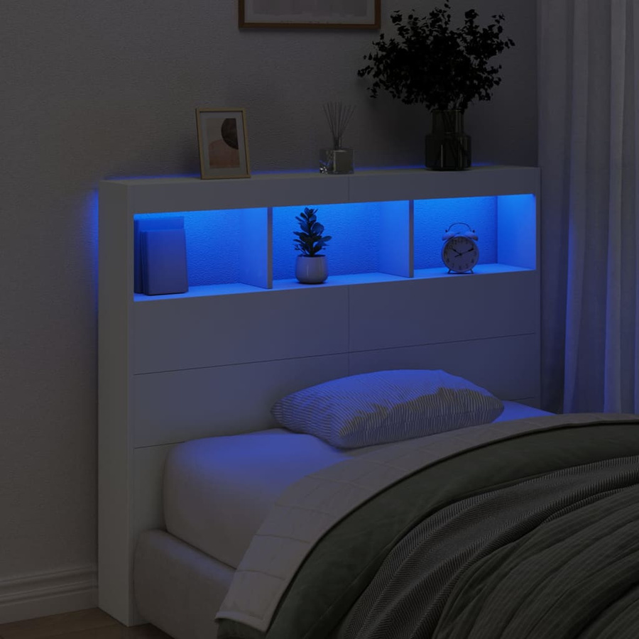 vidaXL LED-Bettkopfteil mit Regalen und USB-Ladeport, Weiß, B/T/H: 120 x 17 x 102 cm - Bild 3