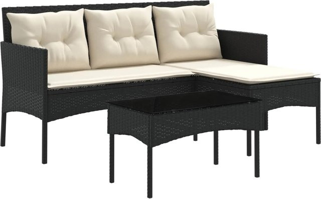 vidaXL Gartensofa-Set 2-teilig in L-Form mit Glastisch und Kissen, Schwarz und Beige, Poly-Rattan und Stahl - Bild 1