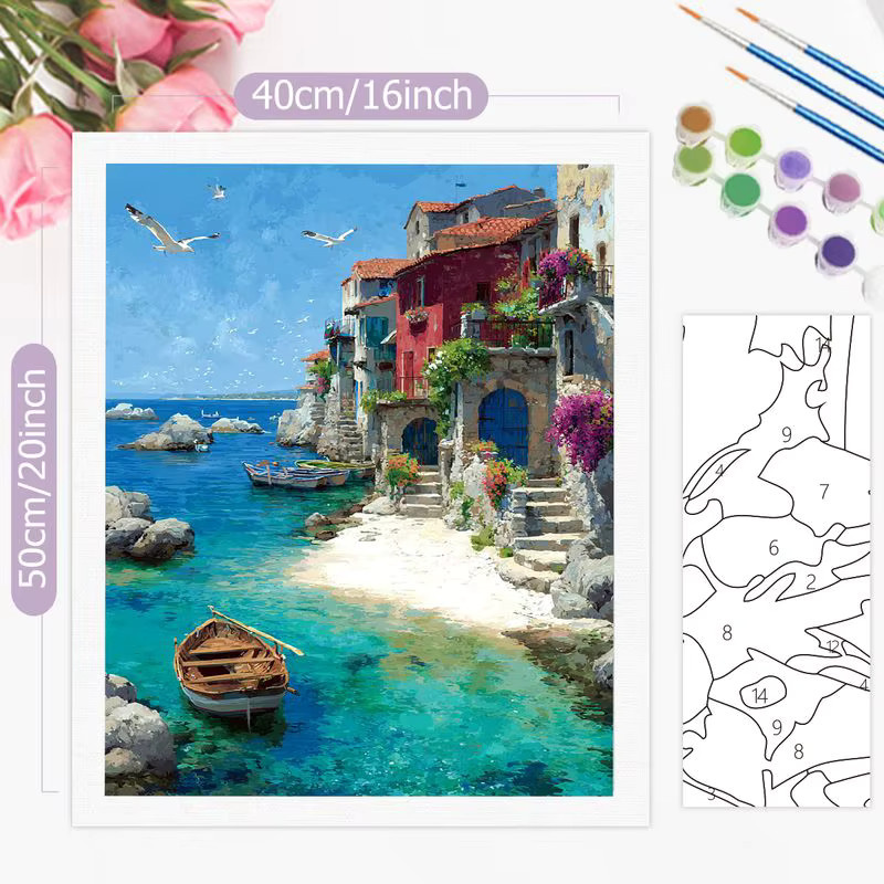 PhotoCustom Malen nach Zahlen Set mit mediterraner Meereslandschaft auf Leinwand, Mehrfarbig, DIY Wandkunst für Erwachsene - Bild 3